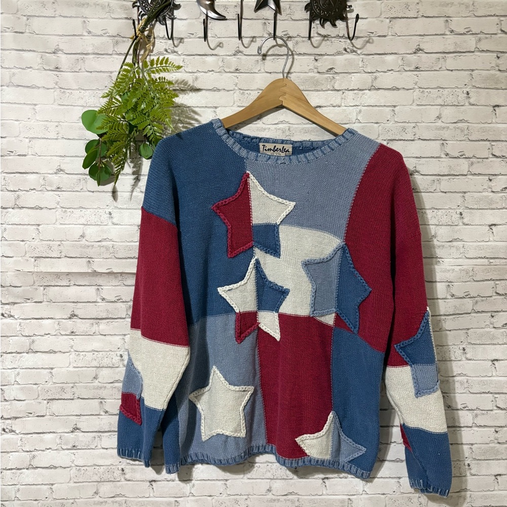 Vintage Red White Blue Star Whimsy Kitschy Patchwork Knit Sweater